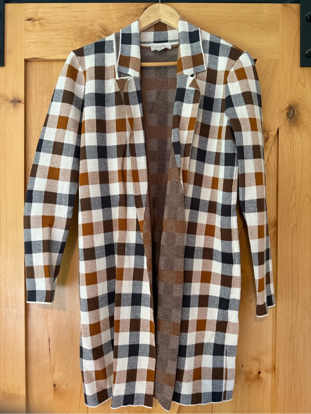 LOFT Open-Front Plaid Knit Cardigan Jacket - Brown & Cream
